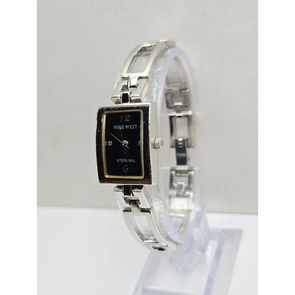 Womens Vintage Nine West .925 Sterling Silver Black Bracelet Watch New Battery